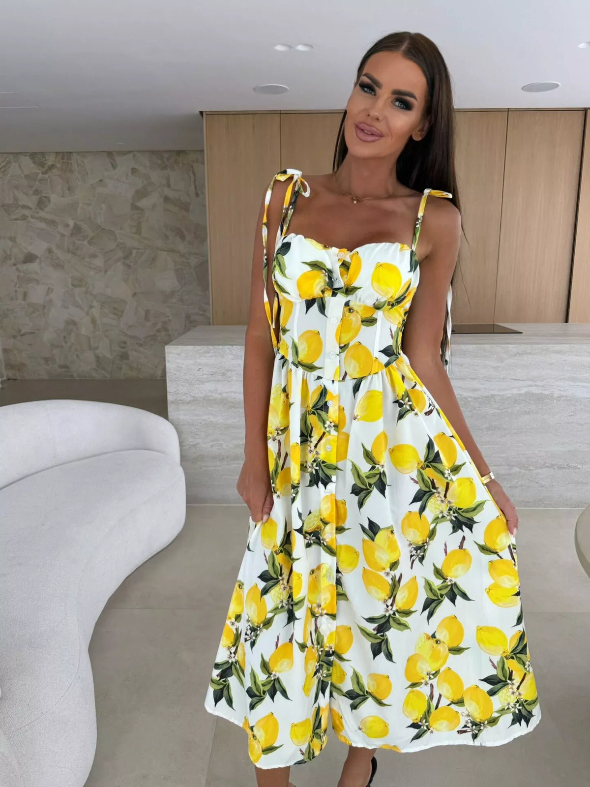 Printed tie strap midi dress full length view
