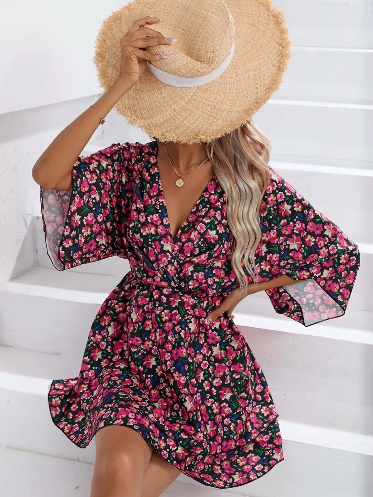 Floral print tiered ruffle hem mini dress front view