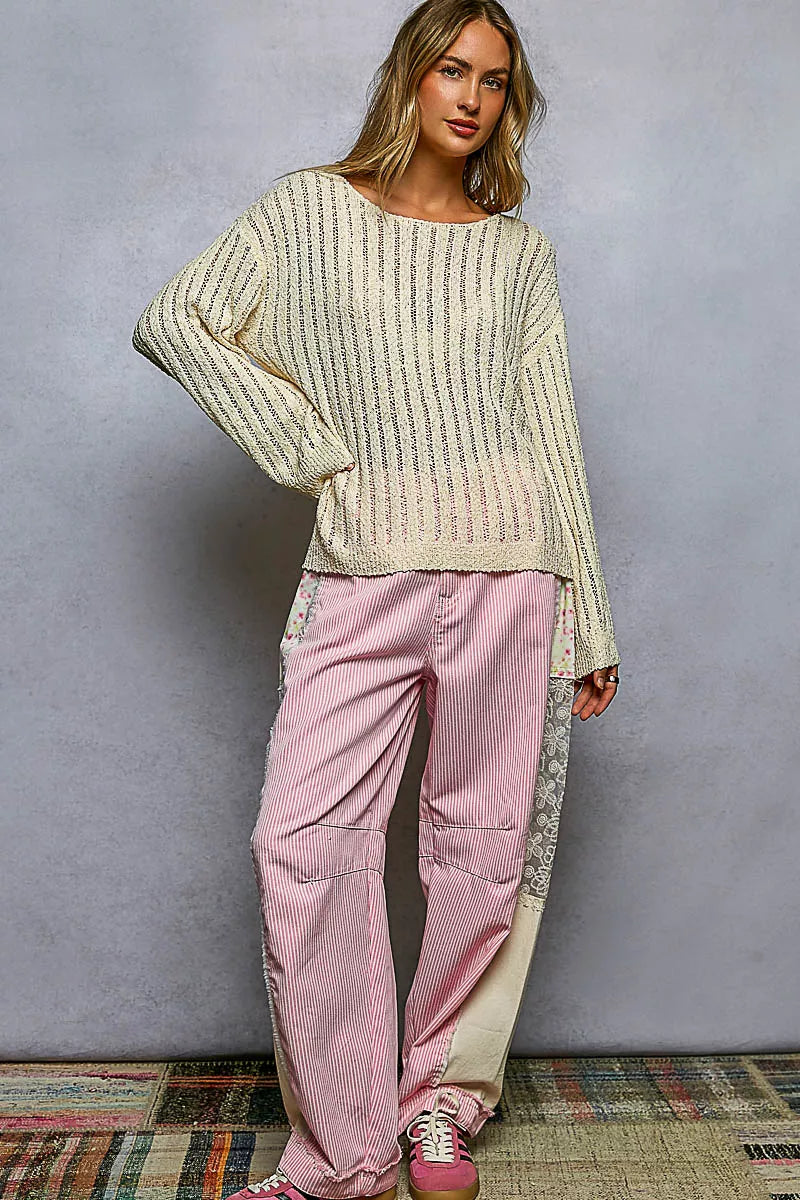 Round Neck Long Sleeve Open Weave Sweater, view 6