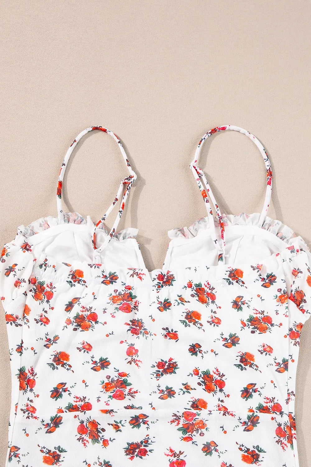 Floral Frilled Trim Spaghetti Straps Bodysuit - Fashorio