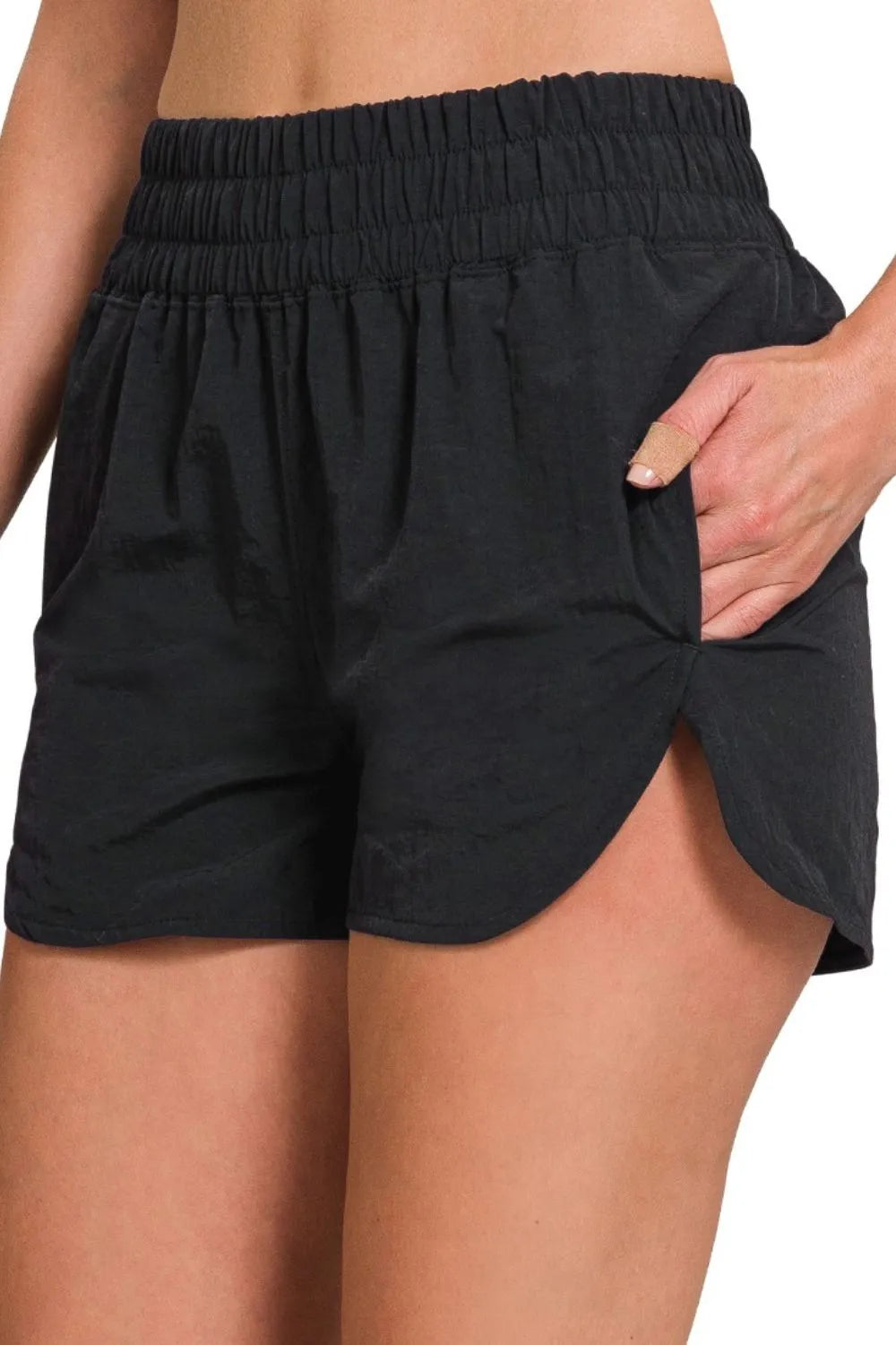 Zenana Windbreaker Smocked Waistband Running Shorts BLACK - Fashorio