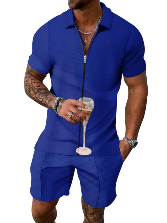 Men's Plus Size Zip Up Short Sleeve Top and Shorts Set Royal Blue - Fashorio