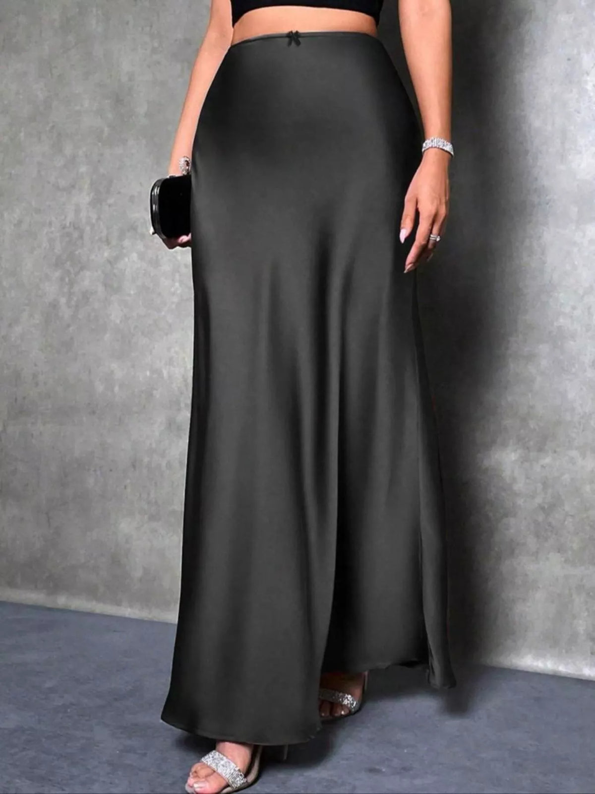 Black high waist satin maxi skirt, front view
