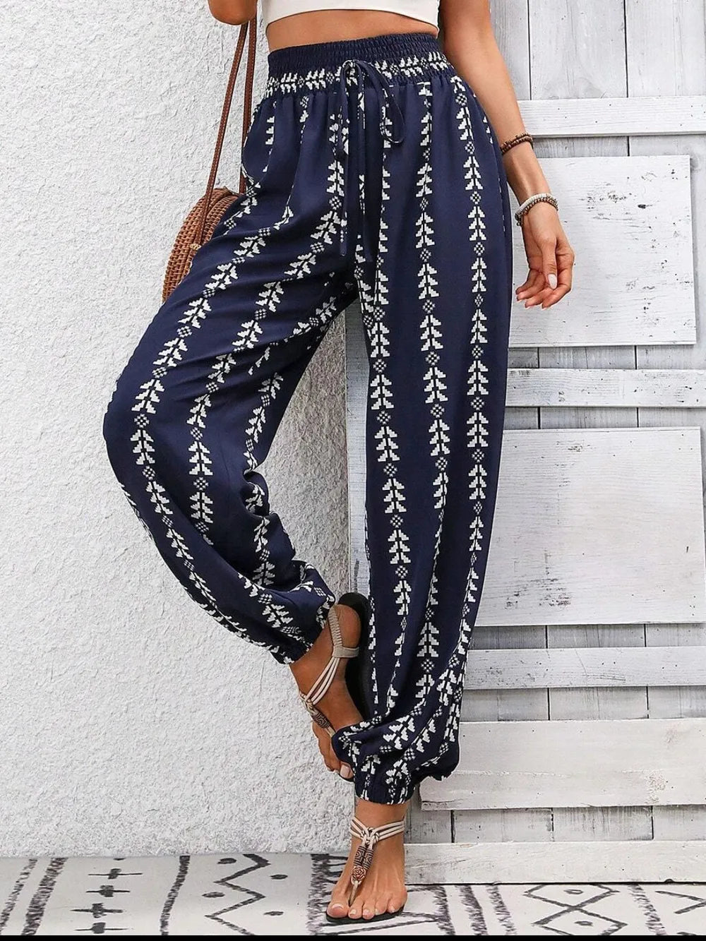 Tie waist printed high waist pants back view