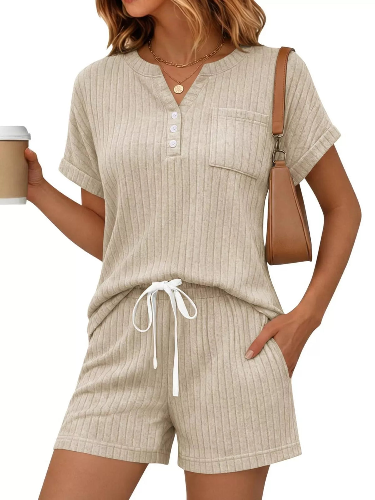 Ribbed knit tee and shorts coordinated set