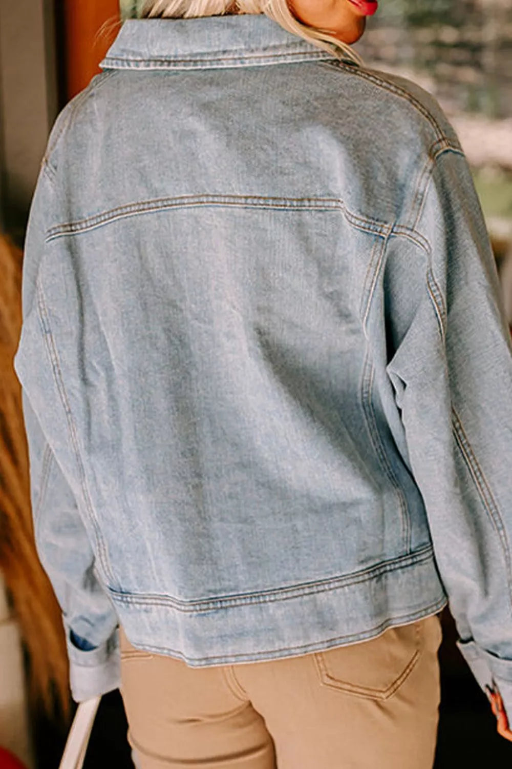 Zip Up Drop Shoulder Denim Jacket in Medium Wash back view