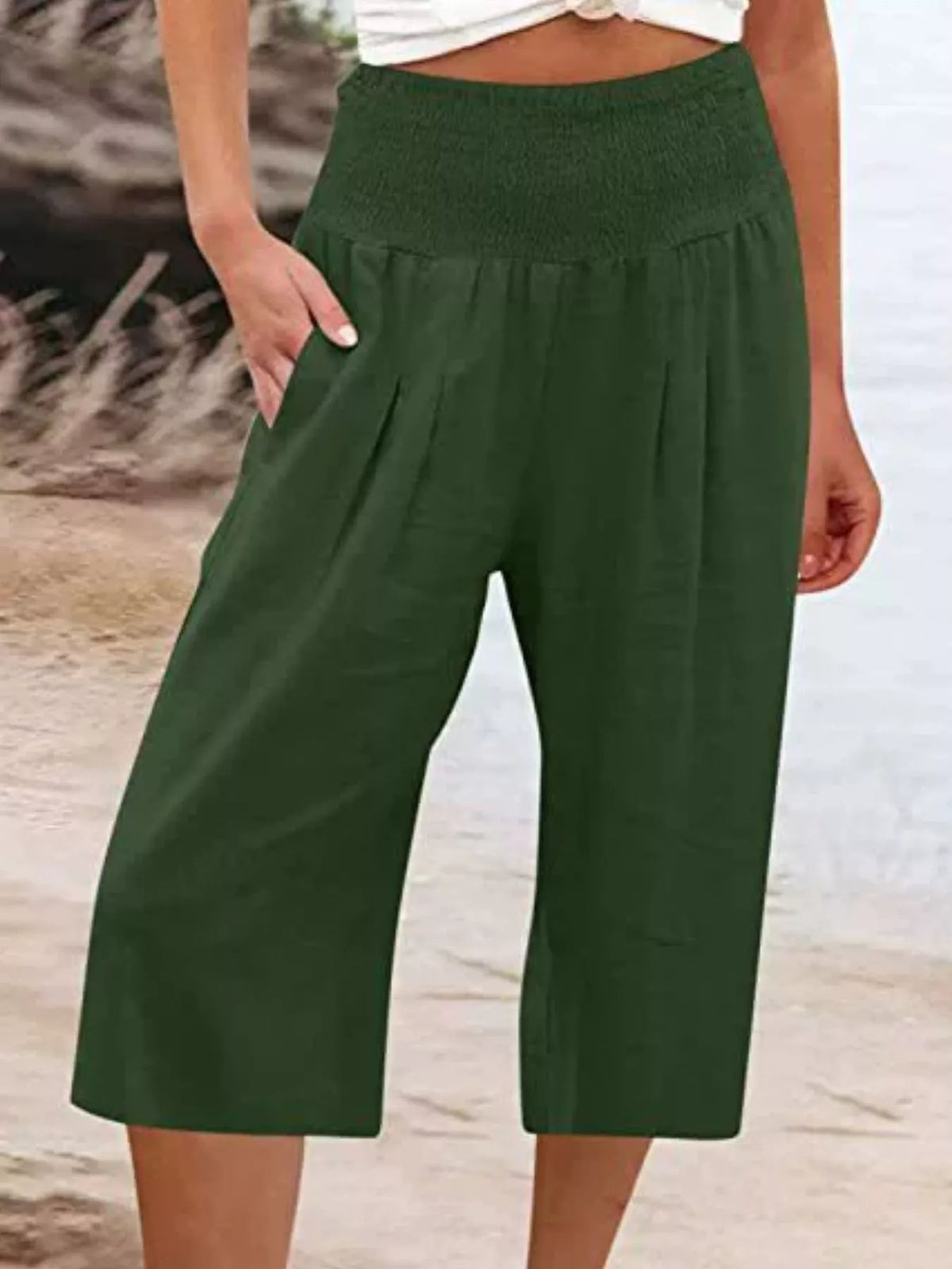 Smocked capri pants shown in black
