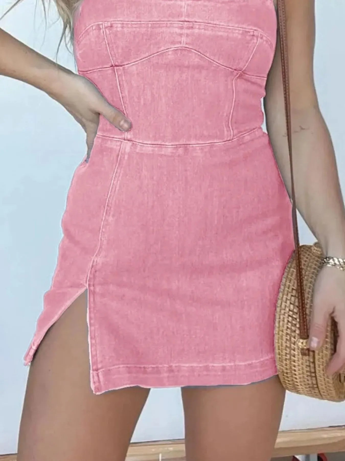 Full Size Slit Square Neck Denim Dress Plus Size - Fashorio