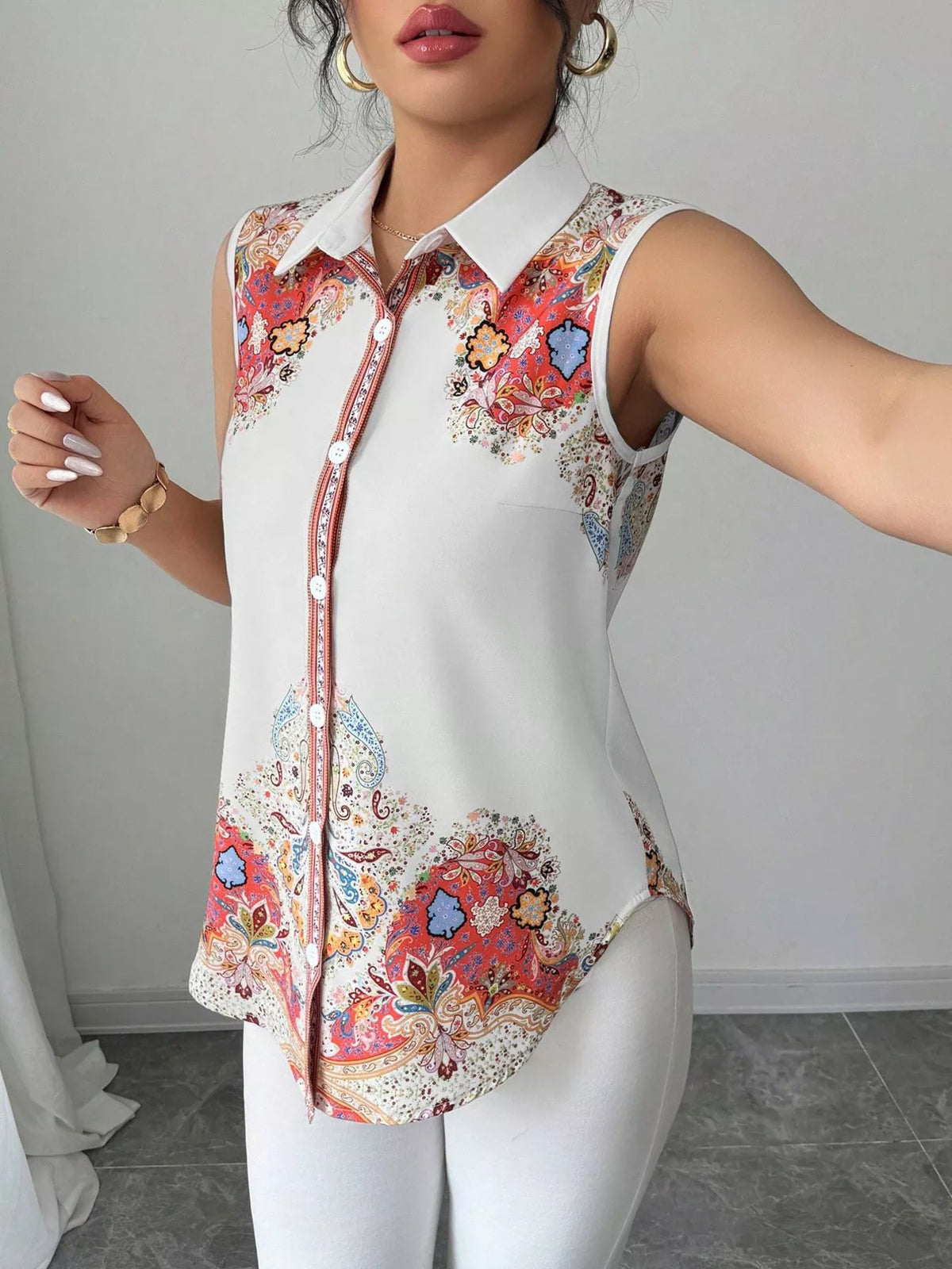 Button up sleeveless shirt color option three quarter view