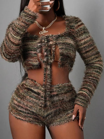 Square Neck Crop Top and Shorts Sweater Set - Fashorio