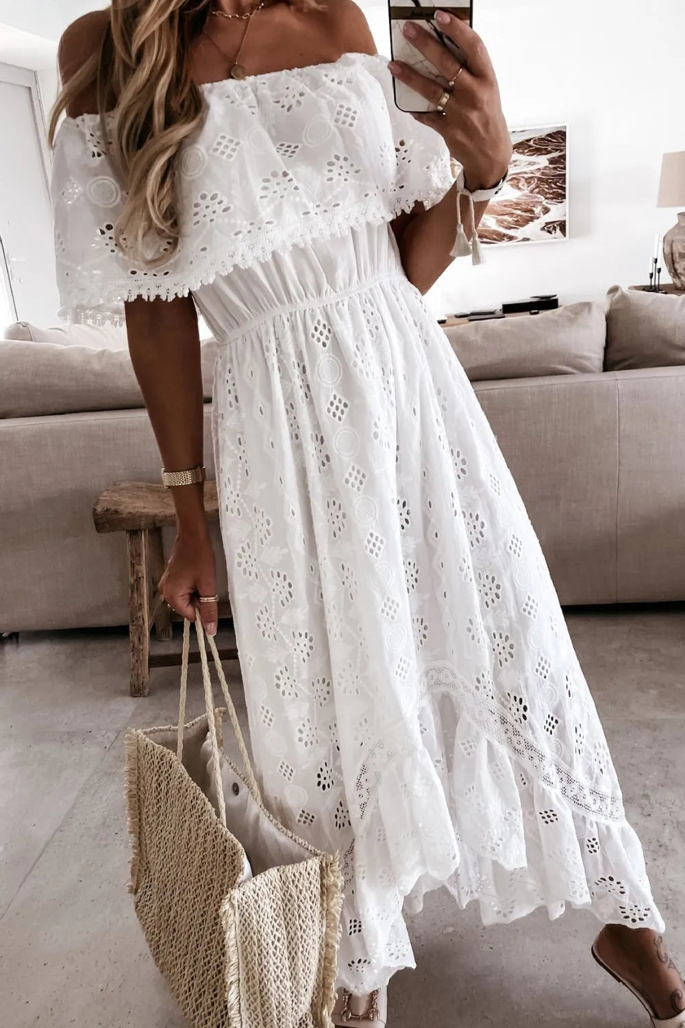 Off Shoulder Eyelet Lace Maxi Dress side view