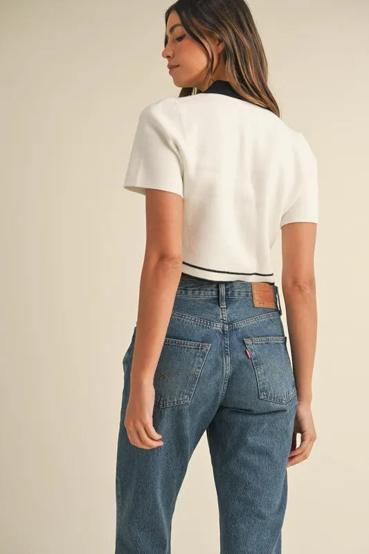 MABLE Button Down Contrast Collared Knit Cardigan - Fashorio