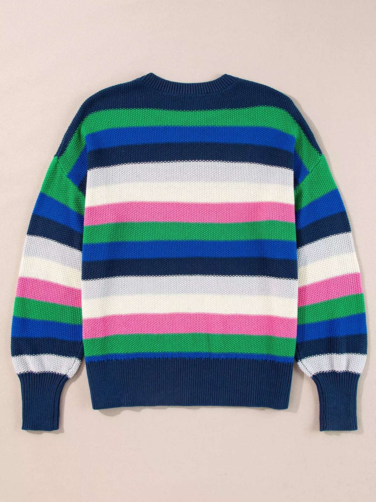 rainbow striped crew neck sweater back view