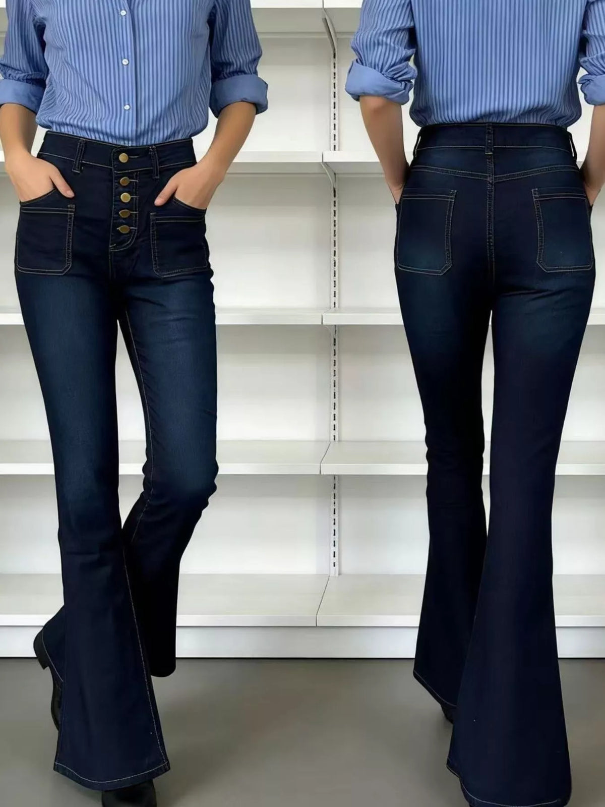 High Waist Button Fly Flare Jeans Plus Size, view 14