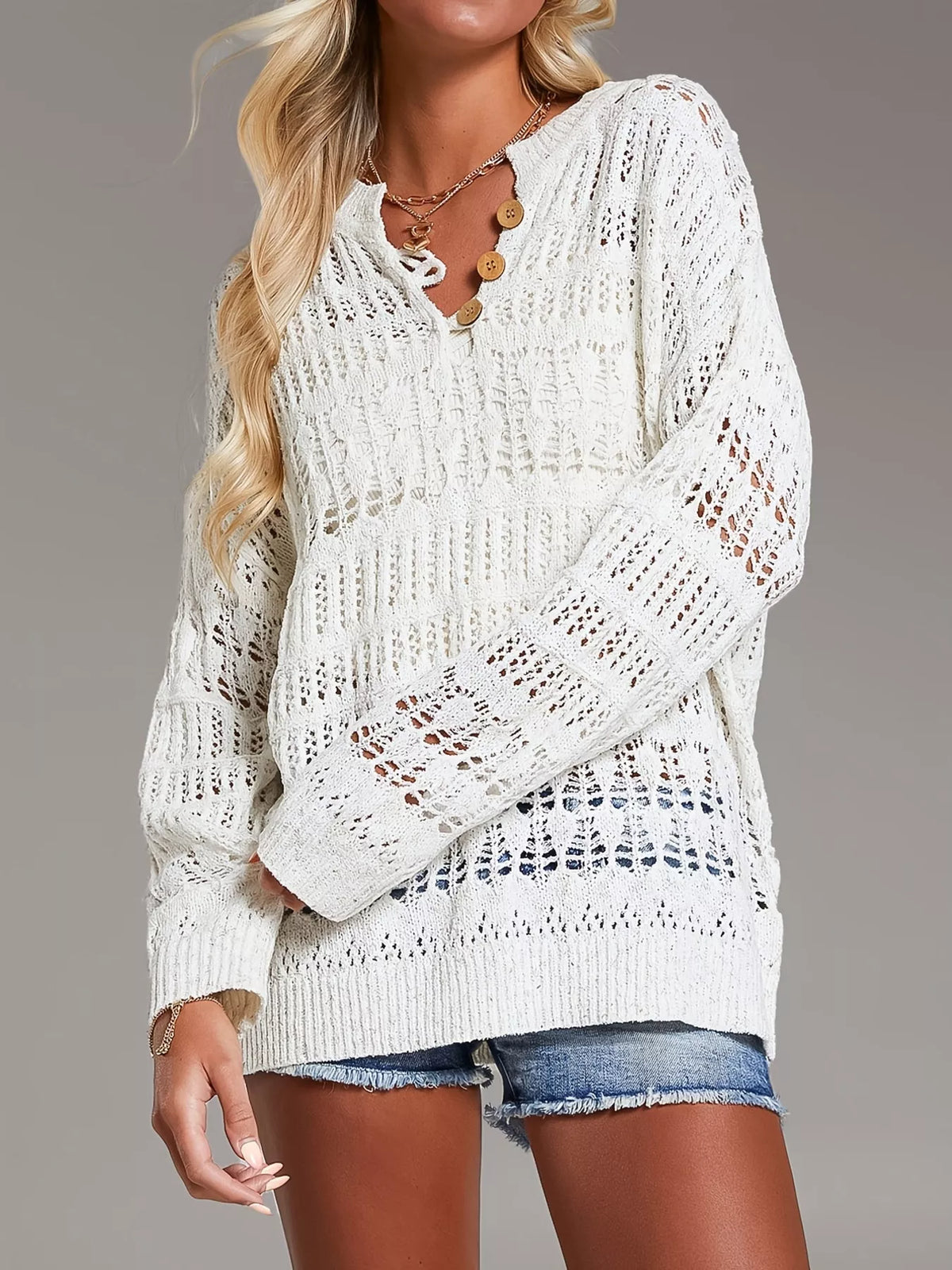 Button detail openwork knit kimono cover up front