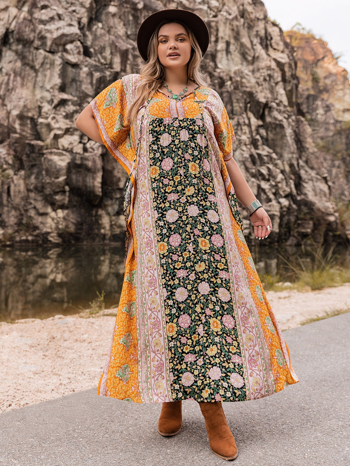 Plus Size Tie Neck Maxi Dress Pumpkin - Fashorio