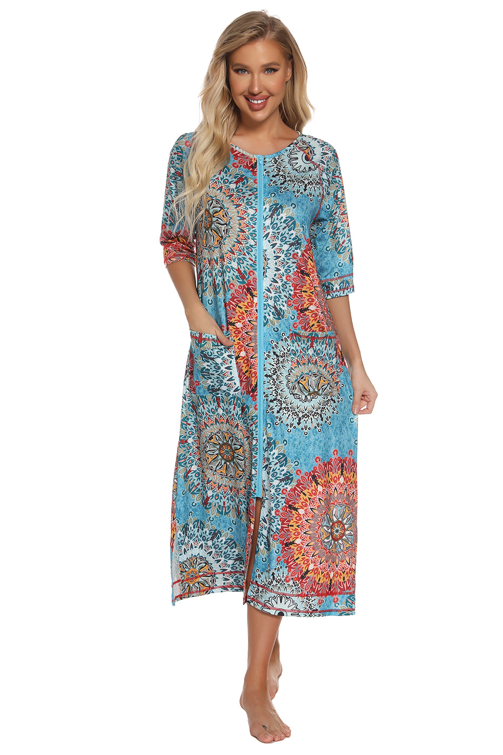 Printed Slit Night Dress with Pockets - Fashorio