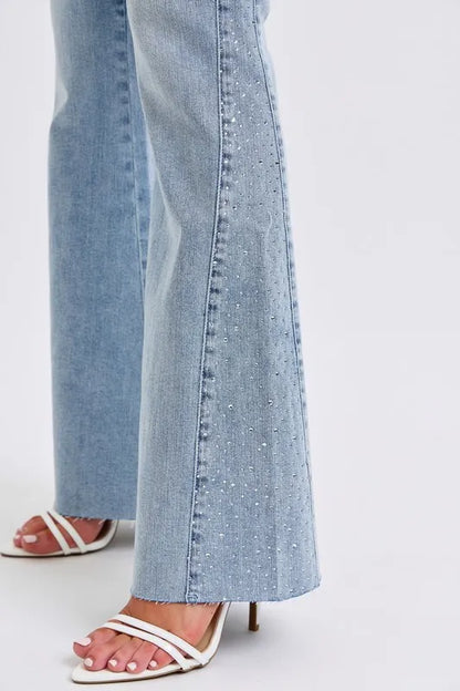 Judy Blue Full Size Mid Rise Rhinestone Side Panel Detail Flare Jeans Plus Size - Fashorio