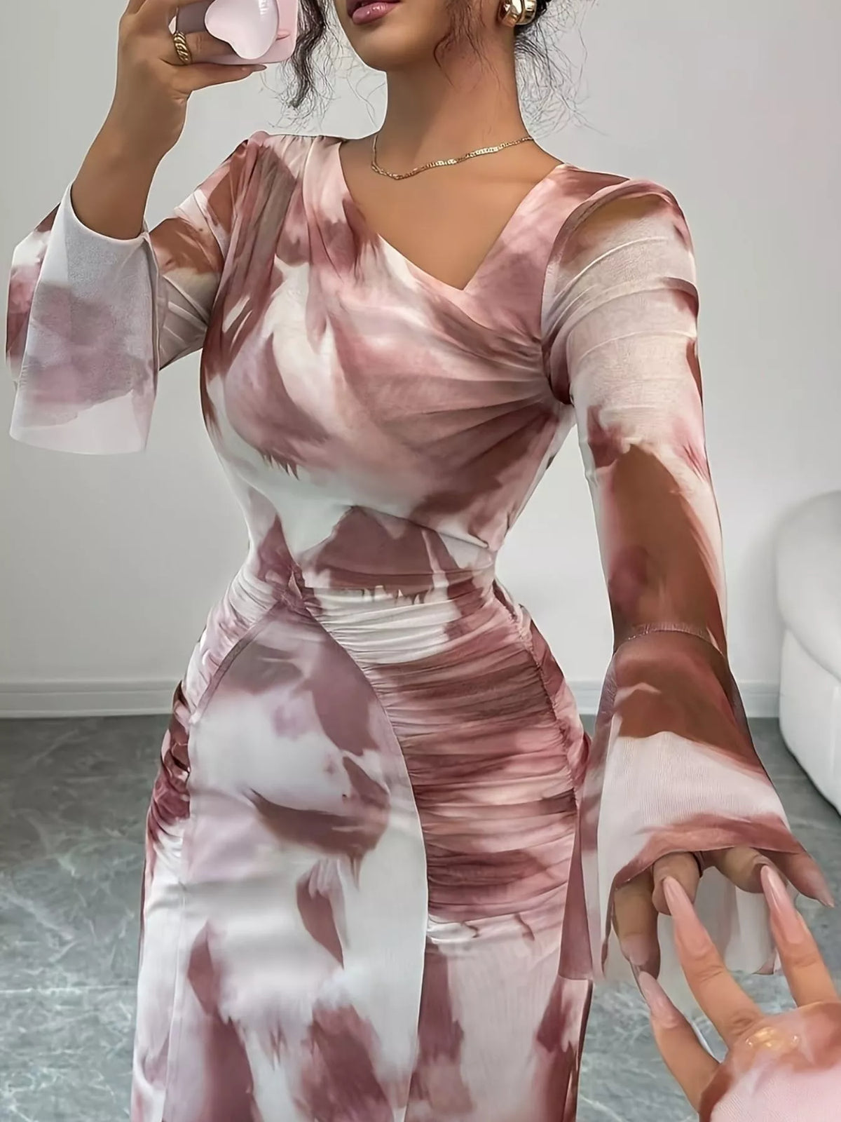 Red asymmetrical neck long sleeve maxi dress, side view