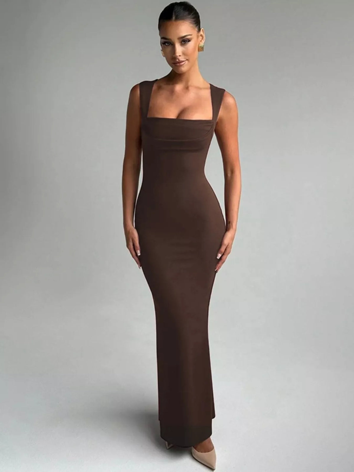 Square neck maxi dress shown in brown