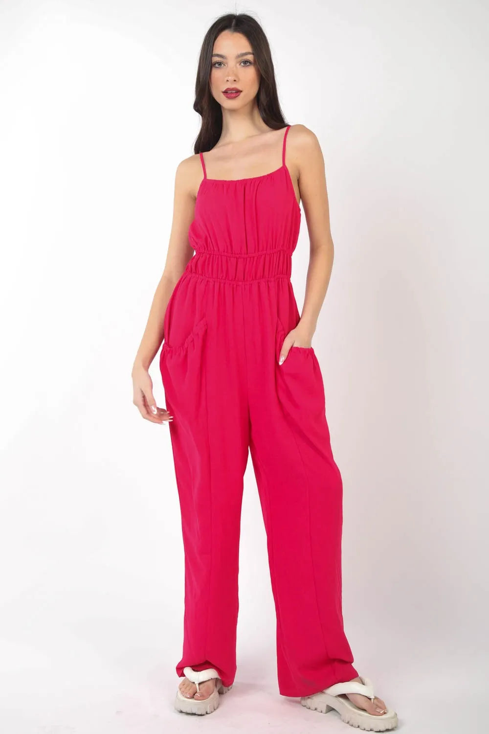 Pintuck Detail Woven Sleeveless Jumpsuit styled look