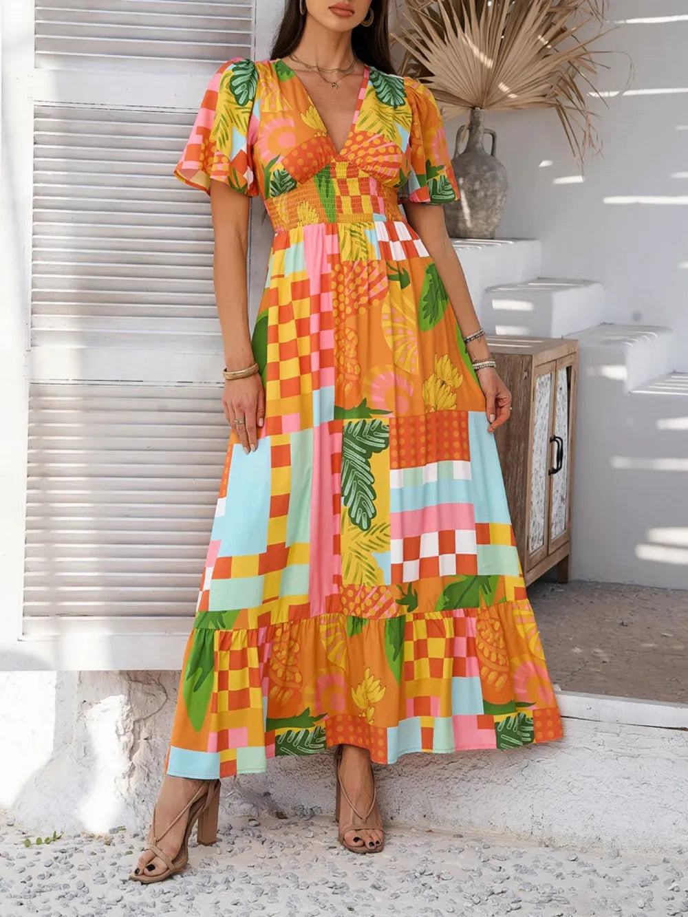 Smocked printed maxi dress styled outdoors