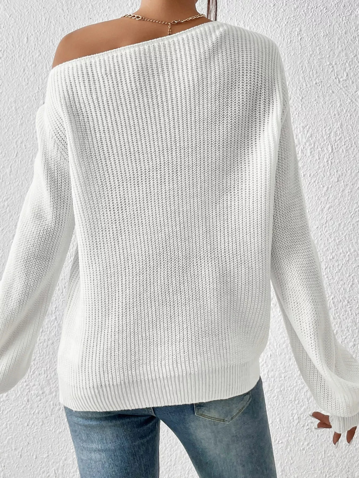 Asymmetric single shoulder sweater side view
