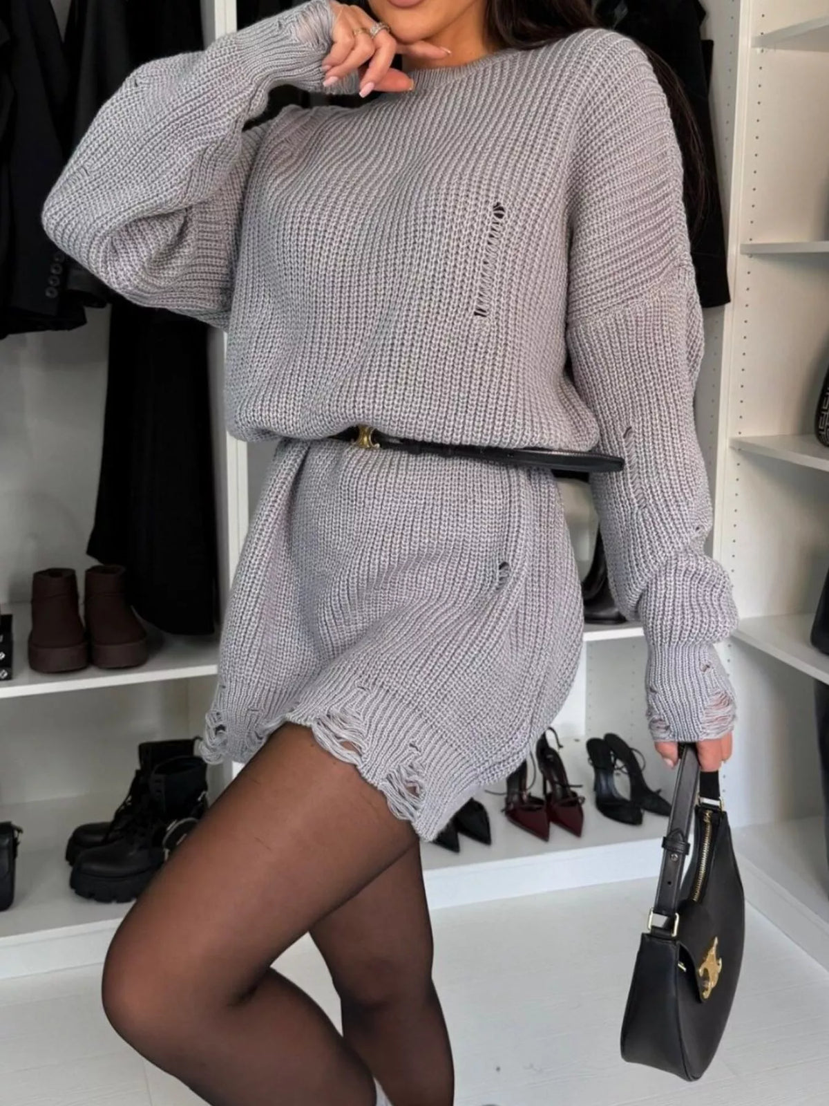 distressed drop shoulder sweater dress neckline detail
