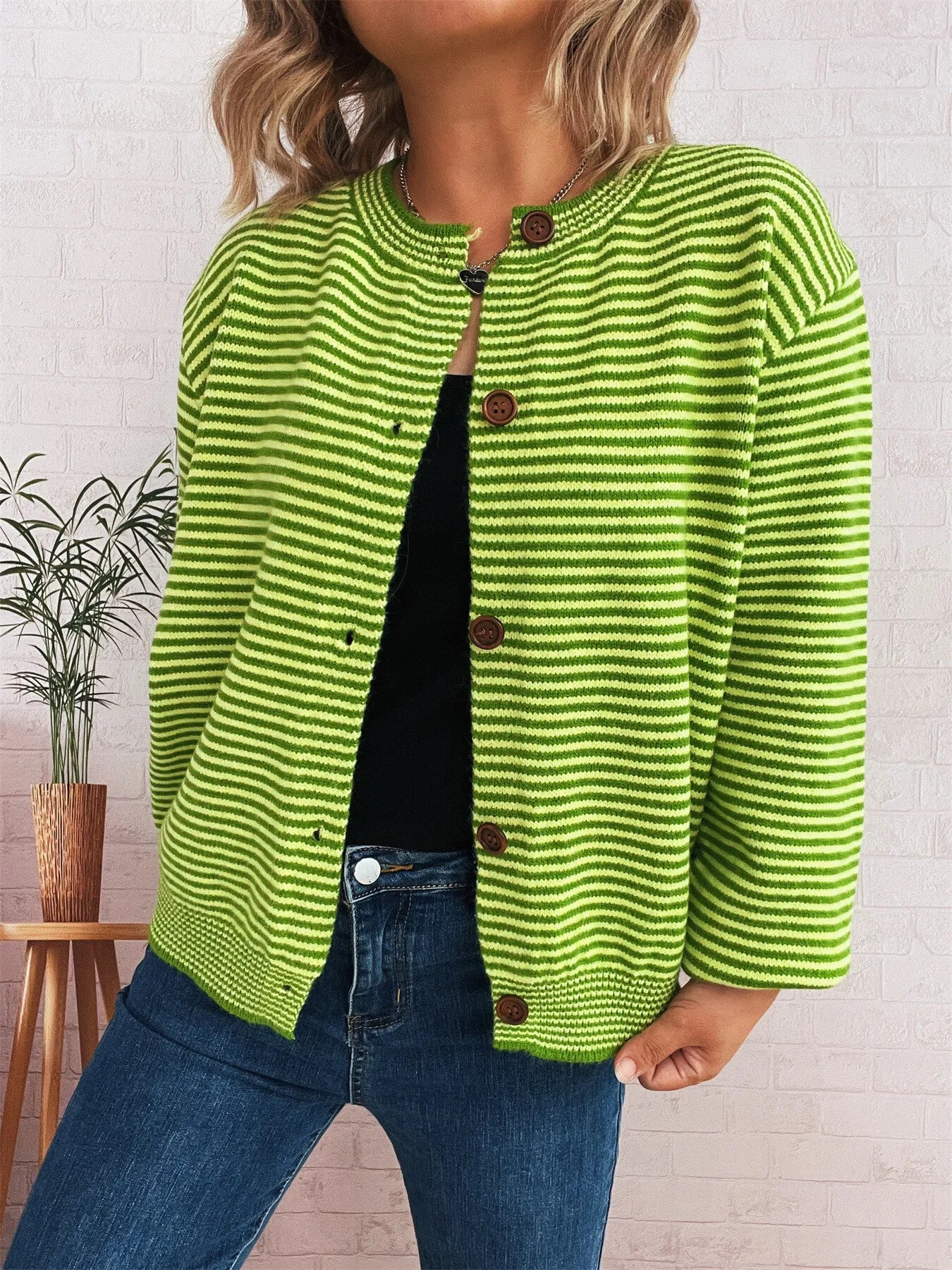 Striped Button Up Long Sleeve Cardigan - Fashorio