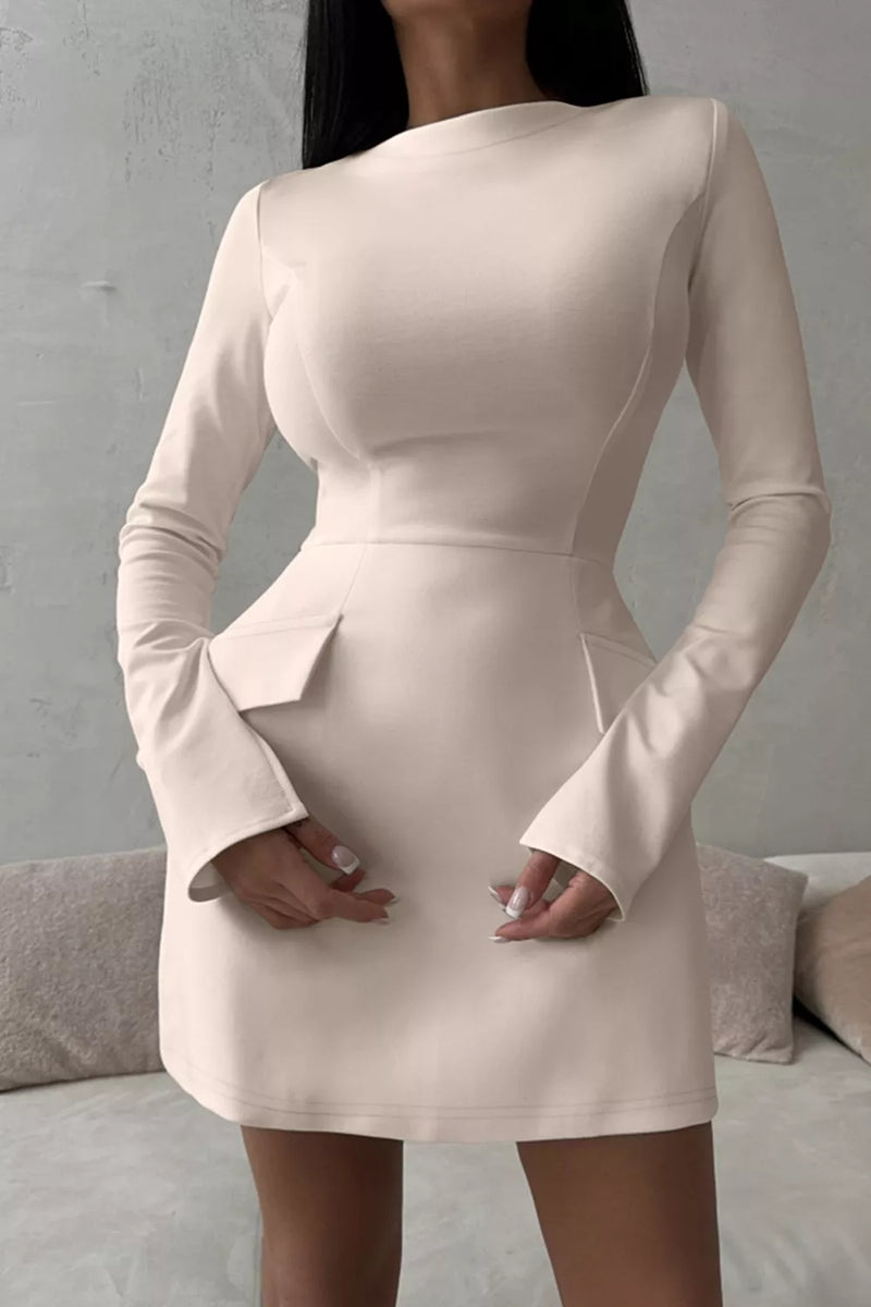 long sleeve mini dress flap pockets front view