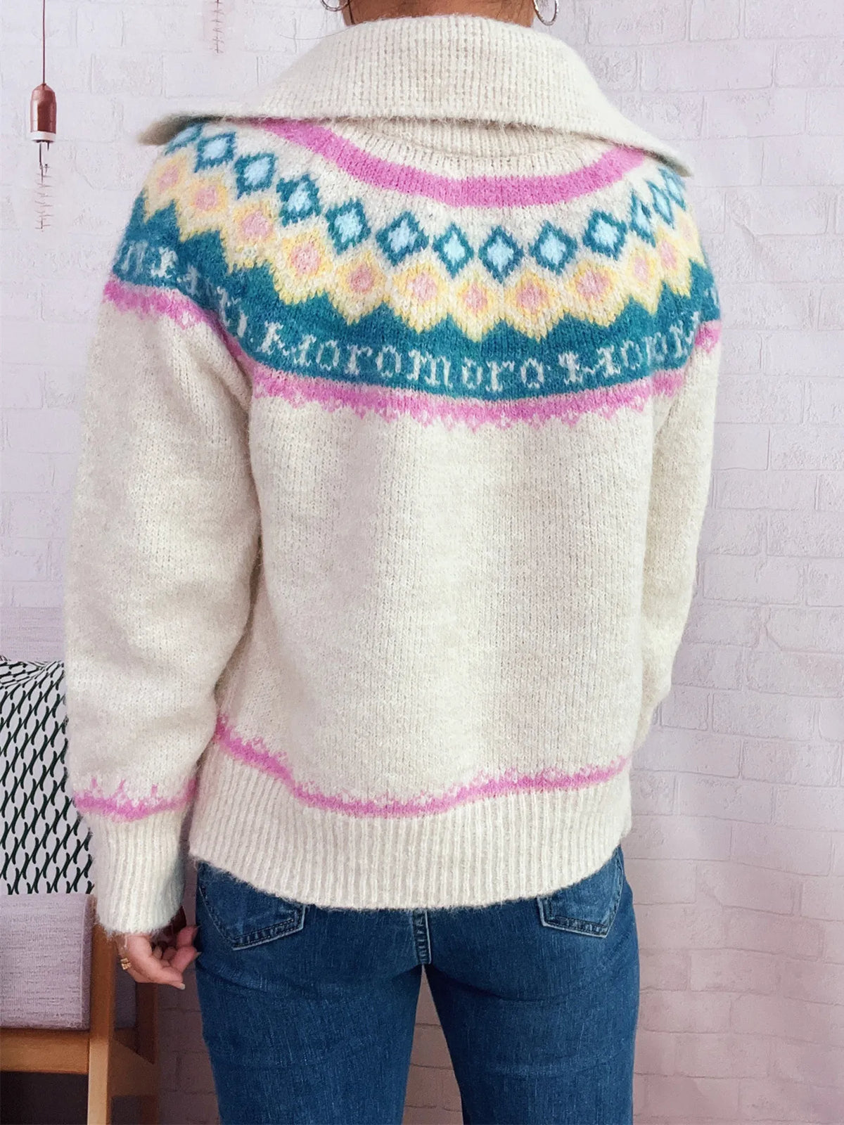 fair isle pattern zip up cardigan close fabric detail