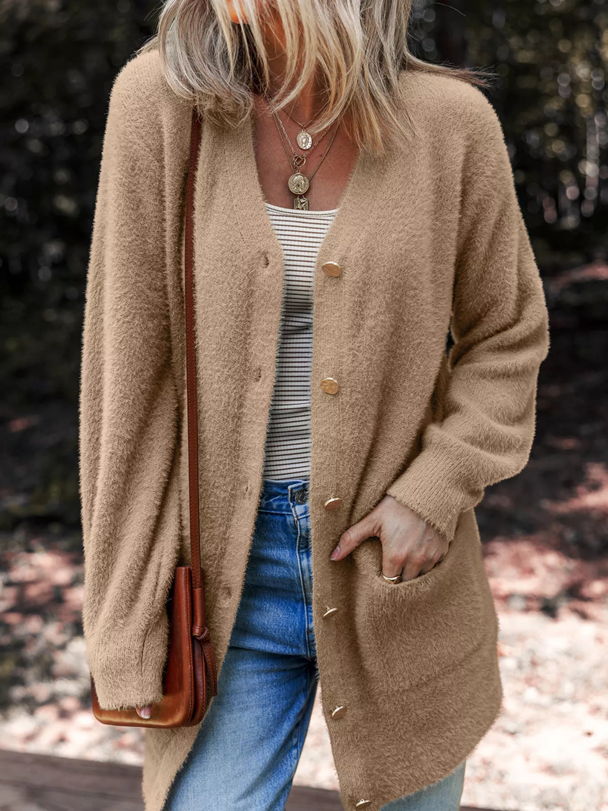 Fuzzy button front cardigan in camel front view