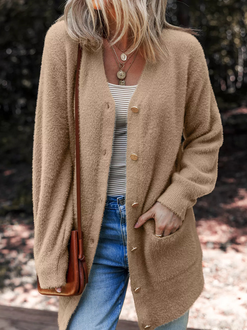 Fuzzy button front cardigan in camel front view