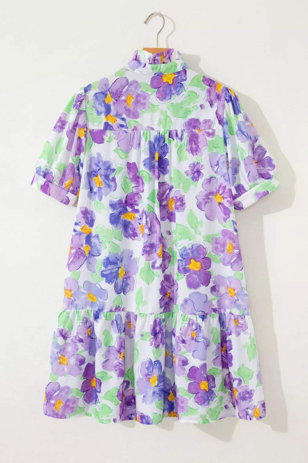 Lilac floral V collar tiered ruffle mini dress full length view