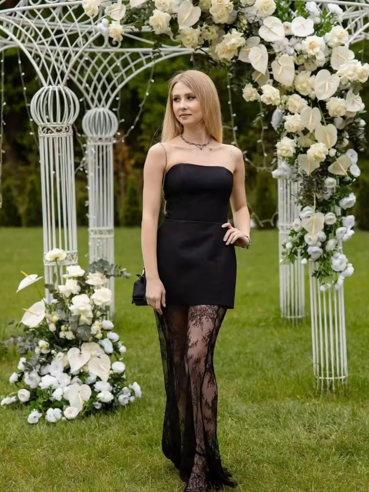Black tube top and lace skirt styled look