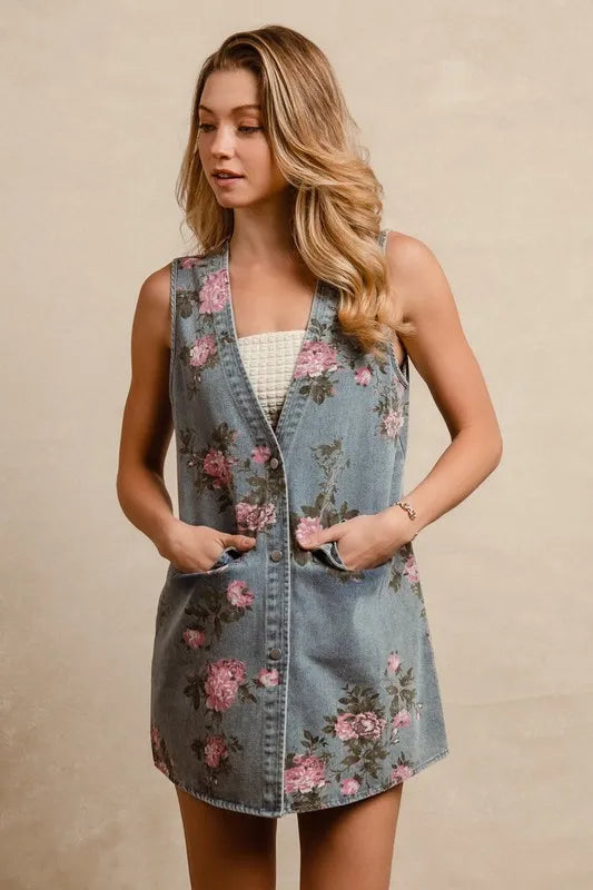 Floral Print Washed Denim Longline Vest in Medium Wash close up