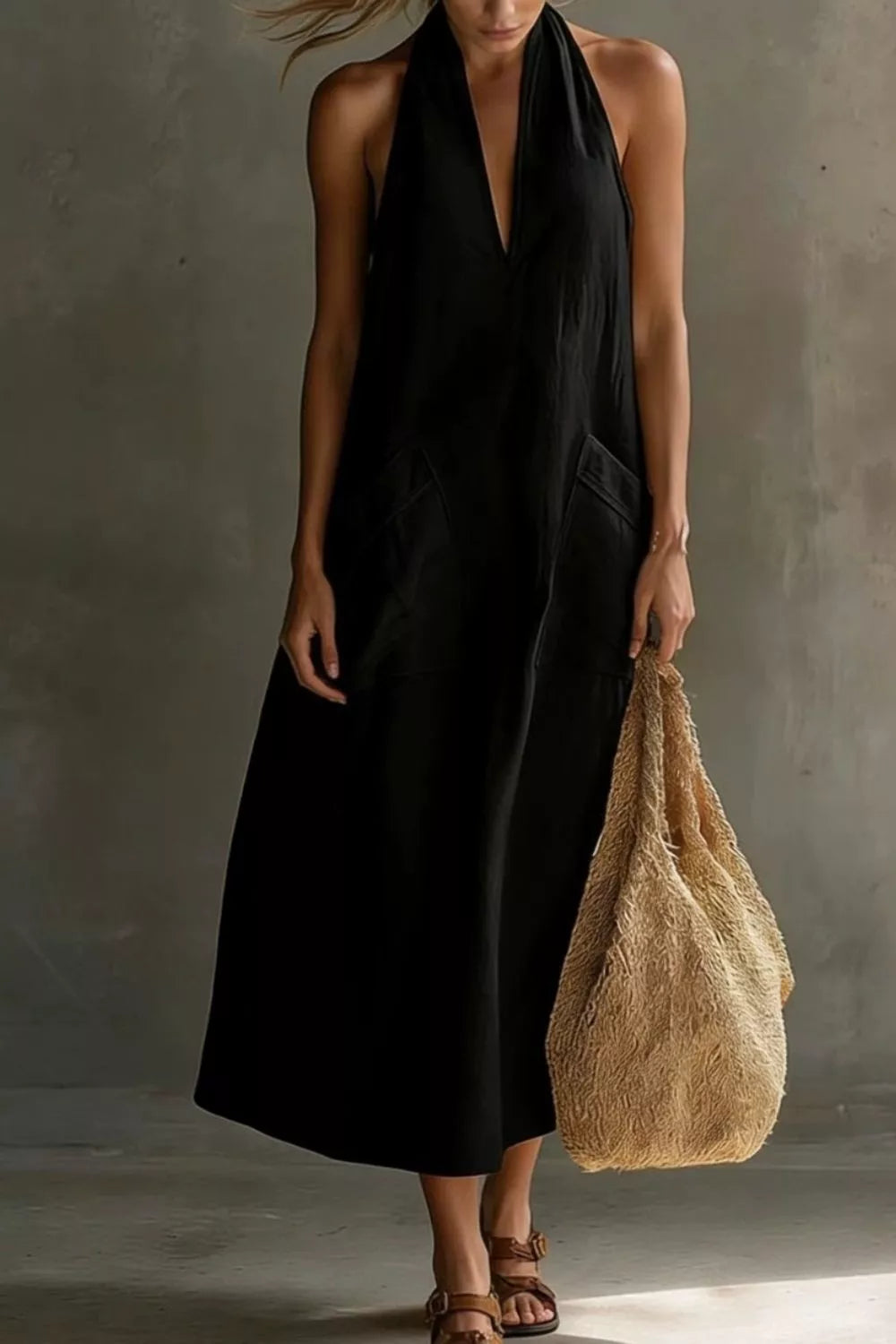 Halter neck pocket midi dress, close up