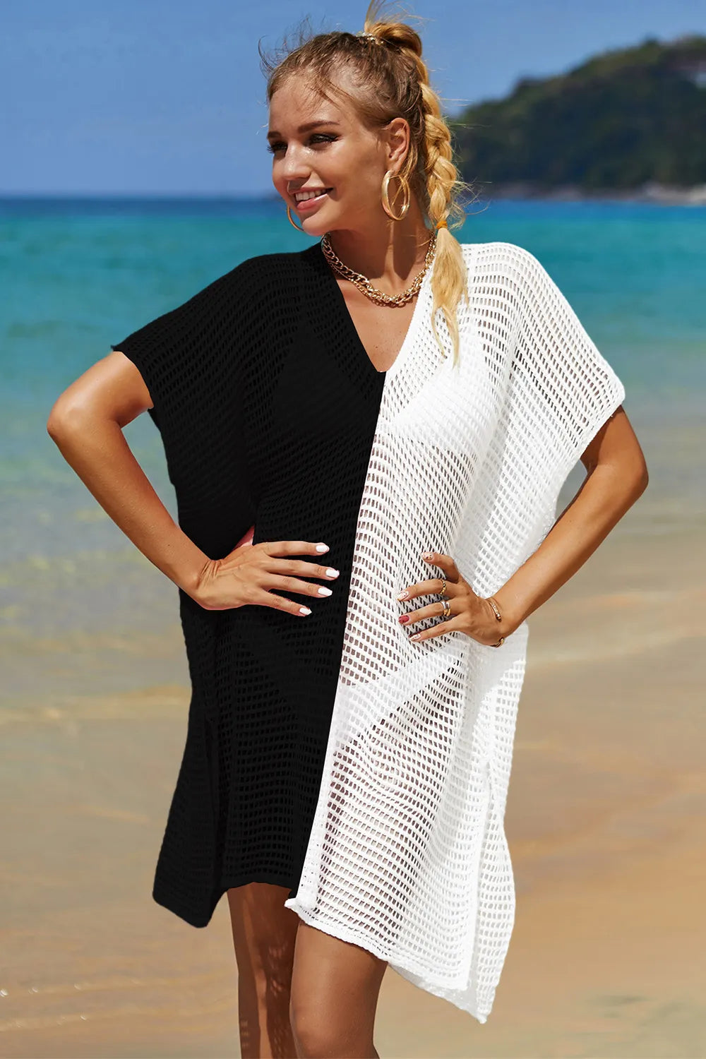 Knit beach cover up side view showing slit
