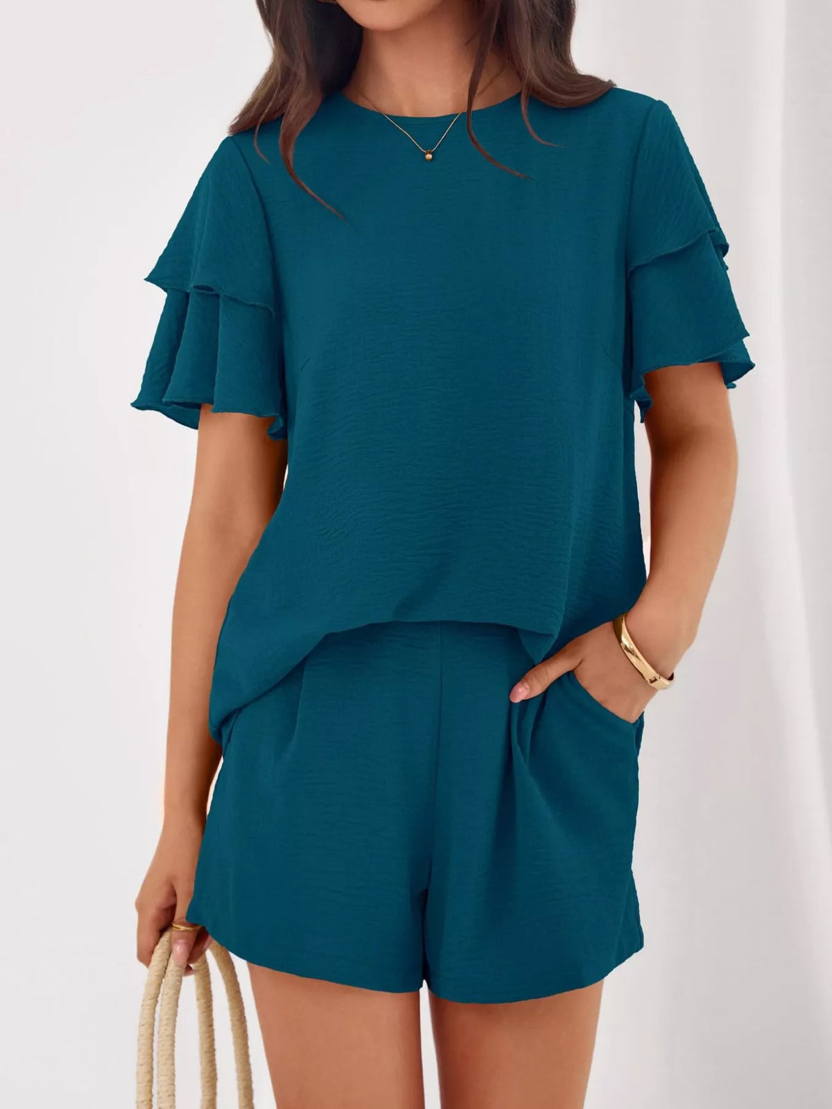 Ruffle sleeve top and shorts set color option