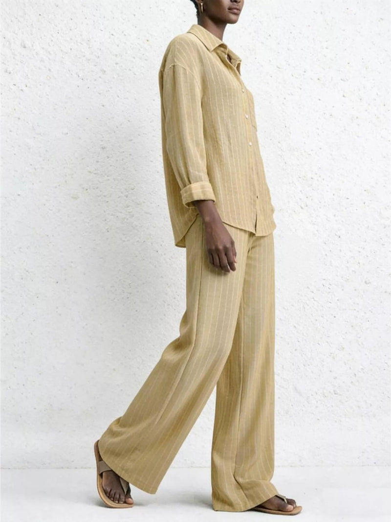 Striped button up shirt and pants set front view