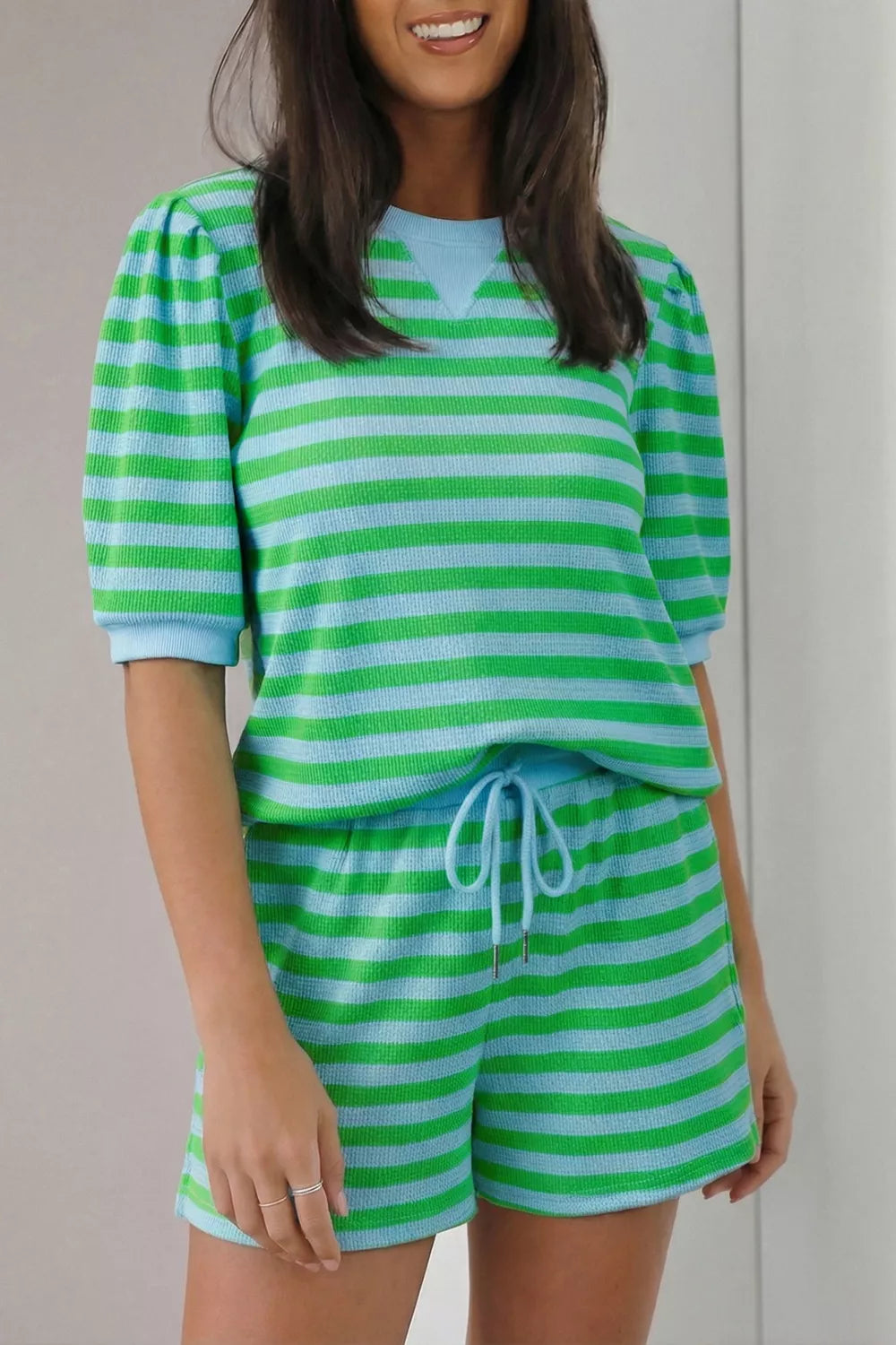 Stripe colorblock puff sleeve two piece set front view