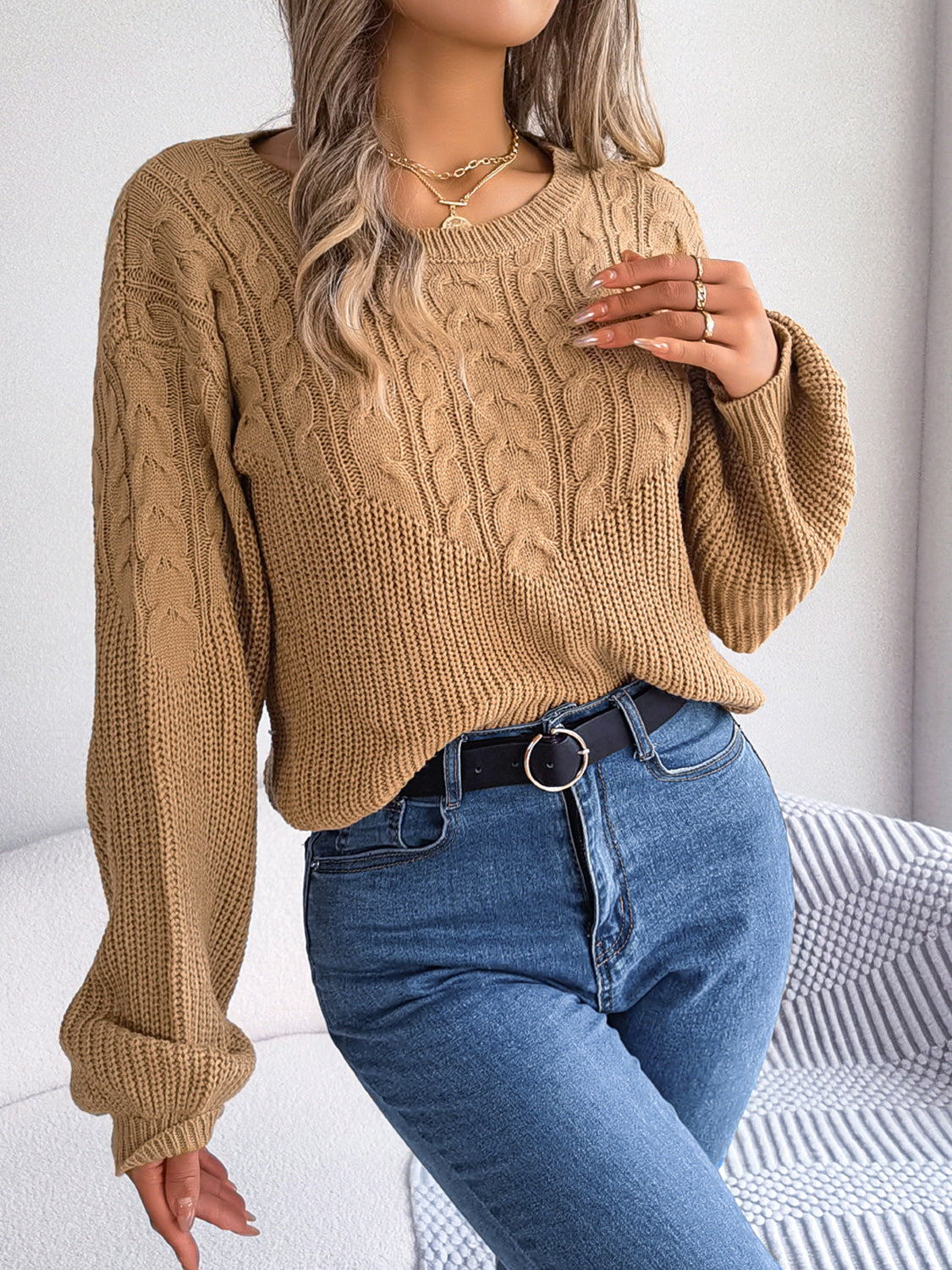 Cable-Knit Round Neck Drop Shoulder Sweater Taupe - Fashorio