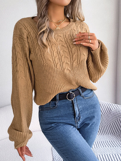 Cable-Knit Round Neck Drop Shoulder Sweater Taupe - Fashorio