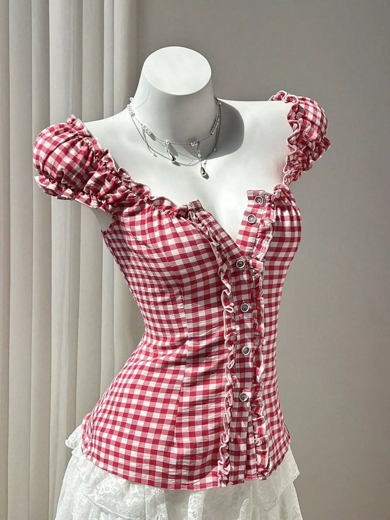 Red frill gingham cap sleeve blouse front view