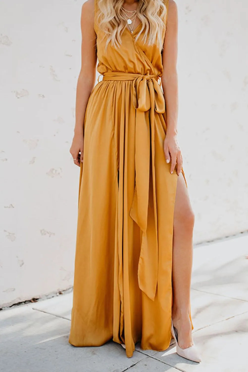 Surplice tie waist maxi dress detail of the hem