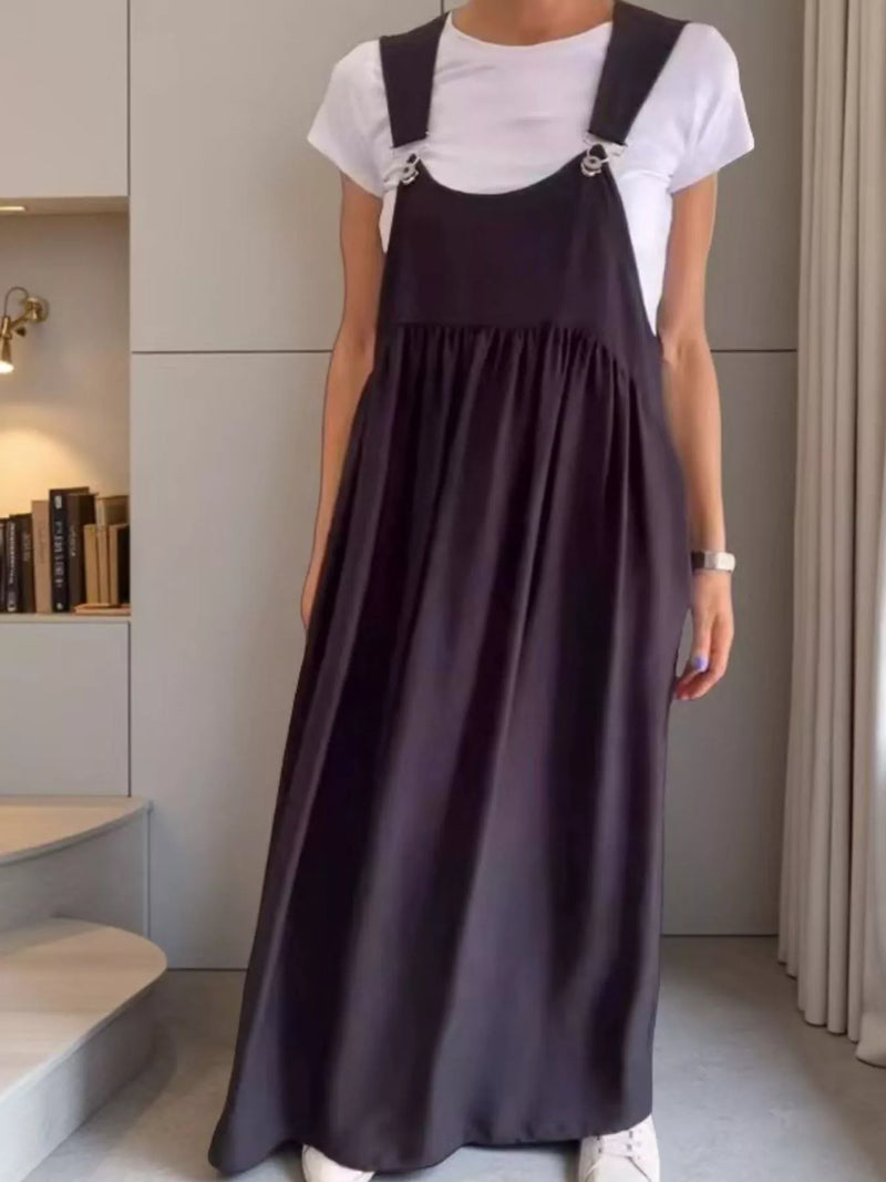 ruched wide strap overall maxi dress front view