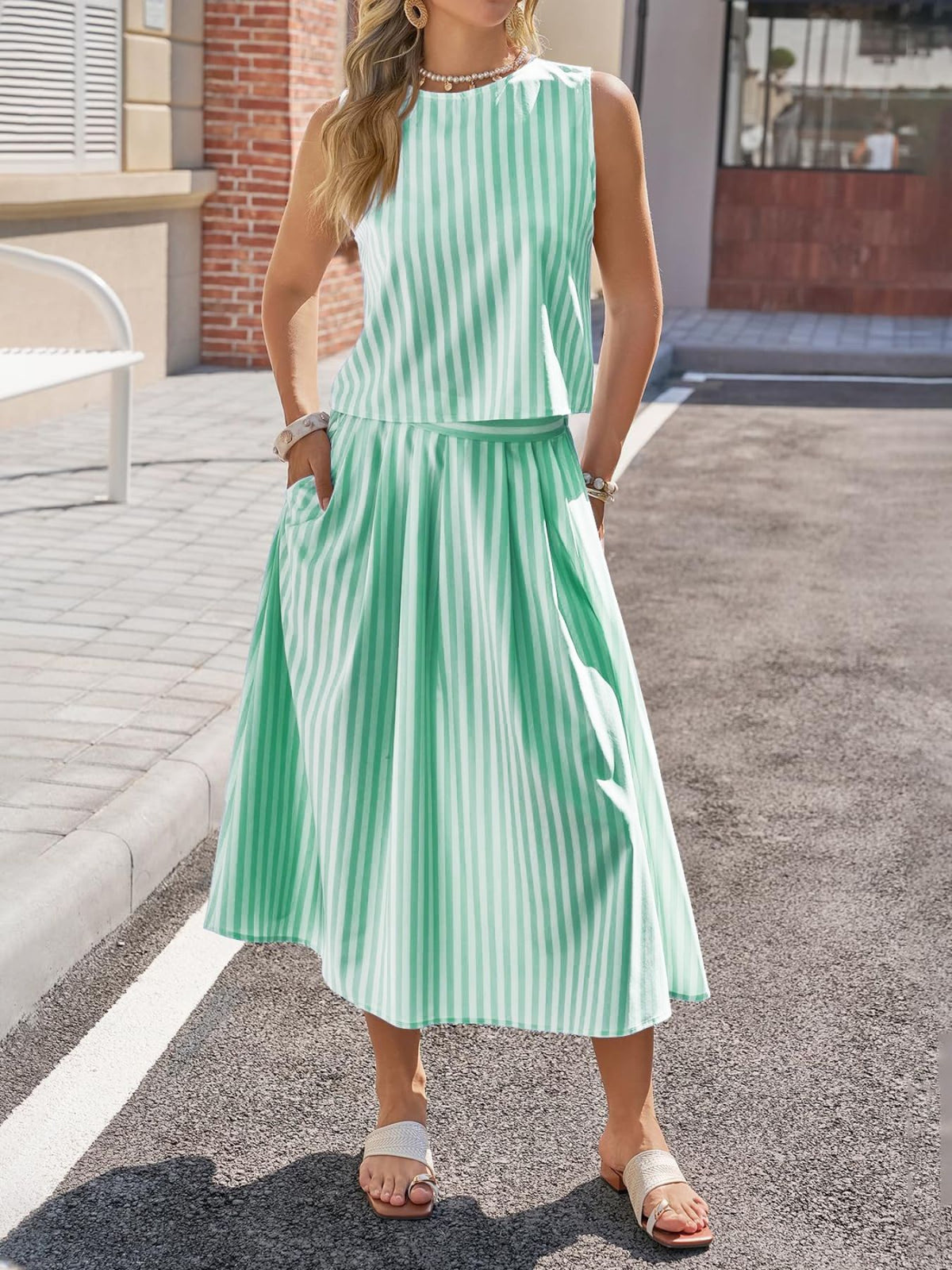 Khaki striped top and midi skirt coordinated set