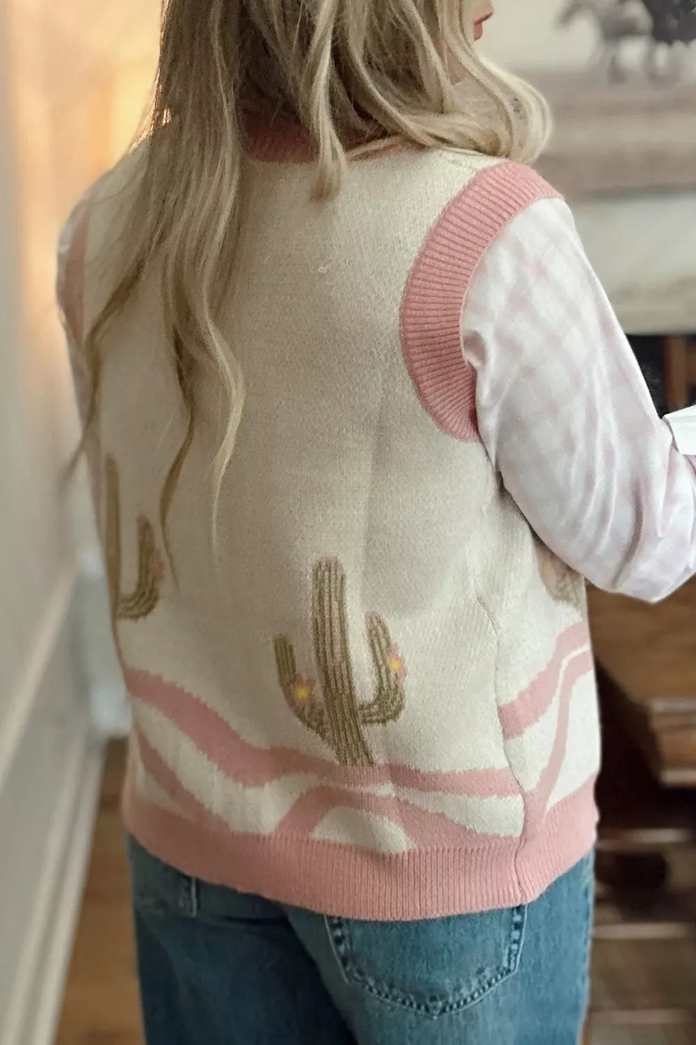 Button front cactus pattern vest back view