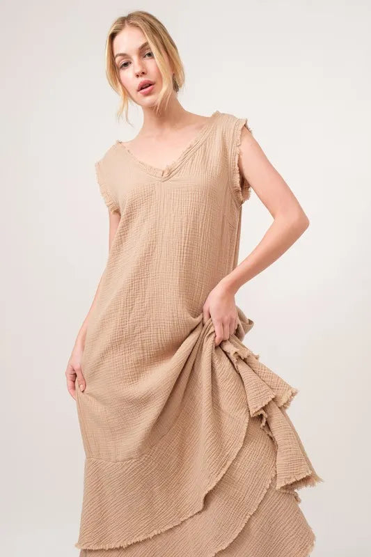 Washed Fringe Detail Tiered Dress back view