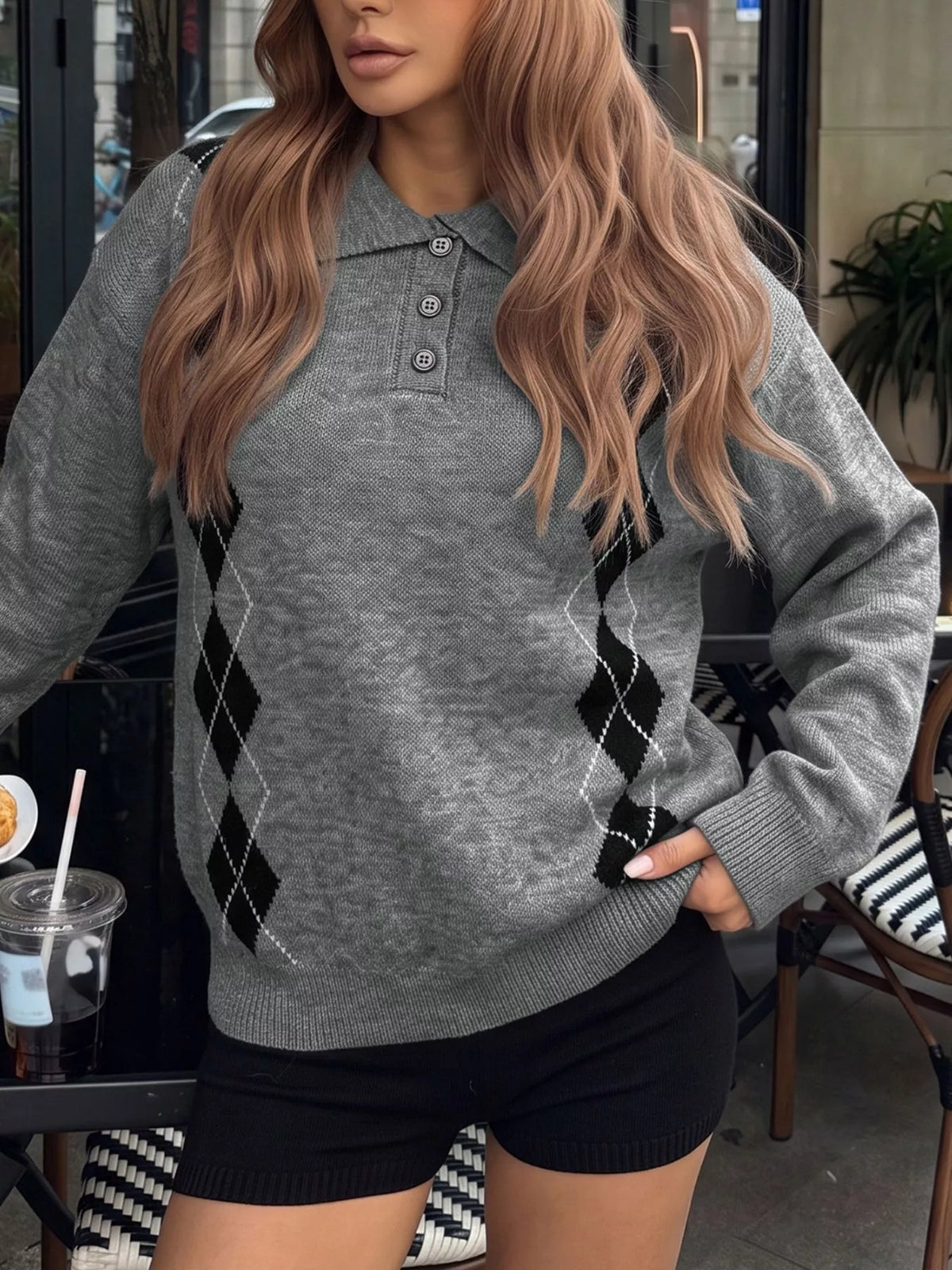 Argyle Polo Collar Ribbed Sweater